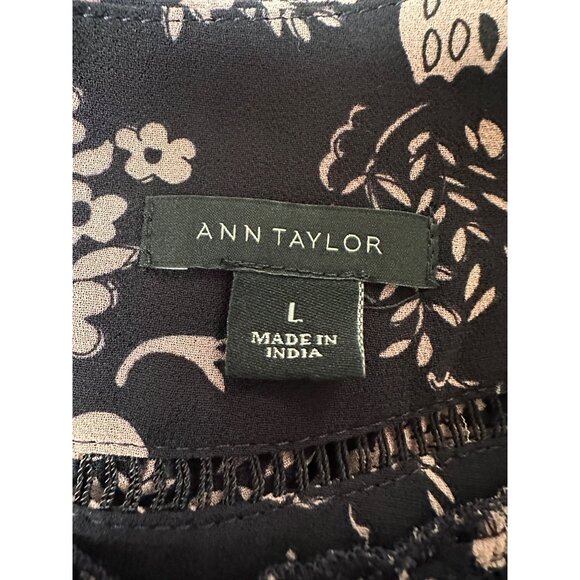 Ann Taylor Womens Black Pink Floral Blouse Large Long Sleeve Boho Peasant - Picture 2 of 11